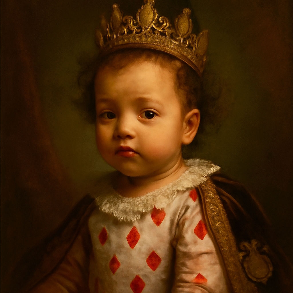 A close-up photo of a young child with curly hair wearing a strawberry-patterned shirt, looking slightly downward with a calm expression. The background is plain and softly lit, creating a cozy and intimate atmosphere.