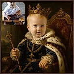 A cheerful baby sits in a wooden high chair, proudly cradling a guitar like a tiny folk-music legend—apparently ready to debut a very short but adorable concert.