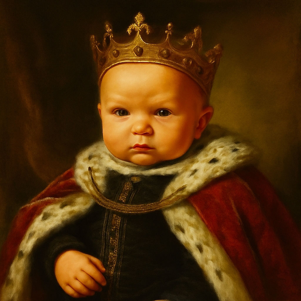 A cozy newborn baby dressed in a charming tuxedo onesie lies comfortably on a bed with a white pillow and gray blanket, gazing curiously at the camera with wide eyes and delicate features.