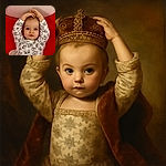 A curious baby lies on a red and white background, wearing a cozy shirt patterned with playful animal faces, hands resting gently atop their head, eyes wide and full of wonder.