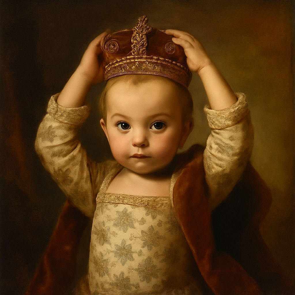 A curious baby lies on a red and white background, wearing a cozy shirt patterned with playful animal faces, hands resting gently atop their head, eyes wide and full of wonder.