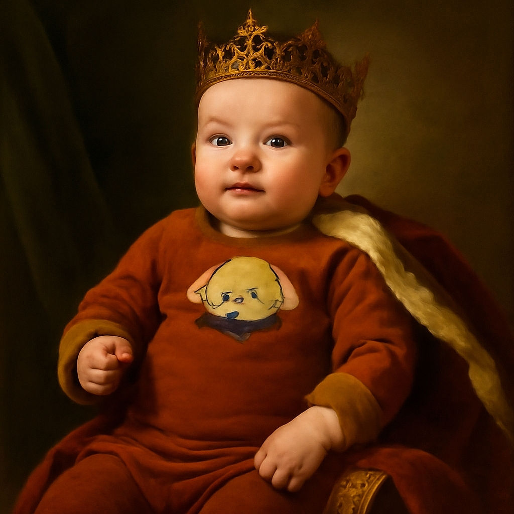 A cute baby dressed in an orange outfit with playful dog faces on the sweatshirt and pants lies on a green towel, looking upwards with wide eyes and tiny fists slightly clenched, surrounded by a cozy indoor setting.