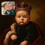 A curious baby with wide eyes and a tiny fist looks off-camera while sitting comfortably, wearing a green outfit with a cute bear design. The background shows a cozy indoor setting with soft natural light and furniture.