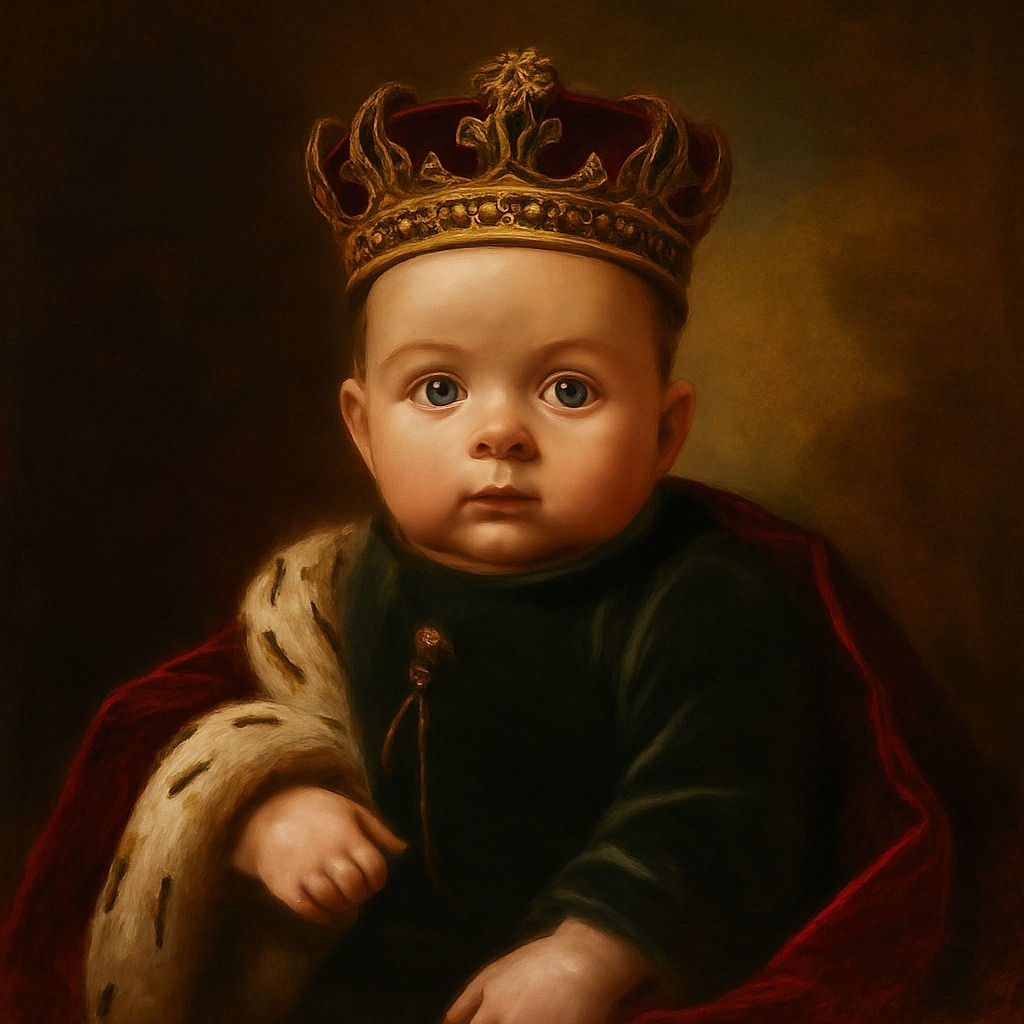 A curious baby with wide eyes and a tiny fist looks off-camera while sitting comfortably, wearing a green outfit with a cute bear design. The background shows a cozy indoor setting with soft natural light and furniture.