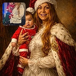 A smiling woman wearing a Santa hat holds a baby dressed in a Santa outfit in front of a decorated Christmas tree with presents underneath, creating a festive holiday scene.
