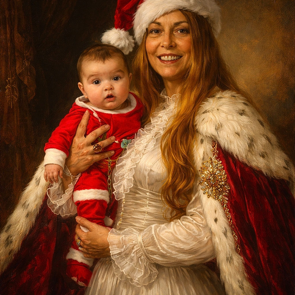 A smiling woman wearing a Santa hat holds a baby dressed in a Santa outfit in front of a decorated Christmas tree with presents underneath, creating a festive holiday scene.