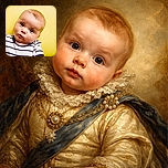 A curious baby with wide eyes and a tilted head poses against a bright yellow background, wearing a striped shirt that adds a nautical vibe to the adorable portrait.