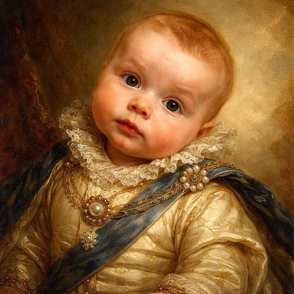 A curious baby with wide eyes and a tilted head poses against a bright yellow background, wearing a striped shirt that adds a nautical vibe to the adorable portrait.