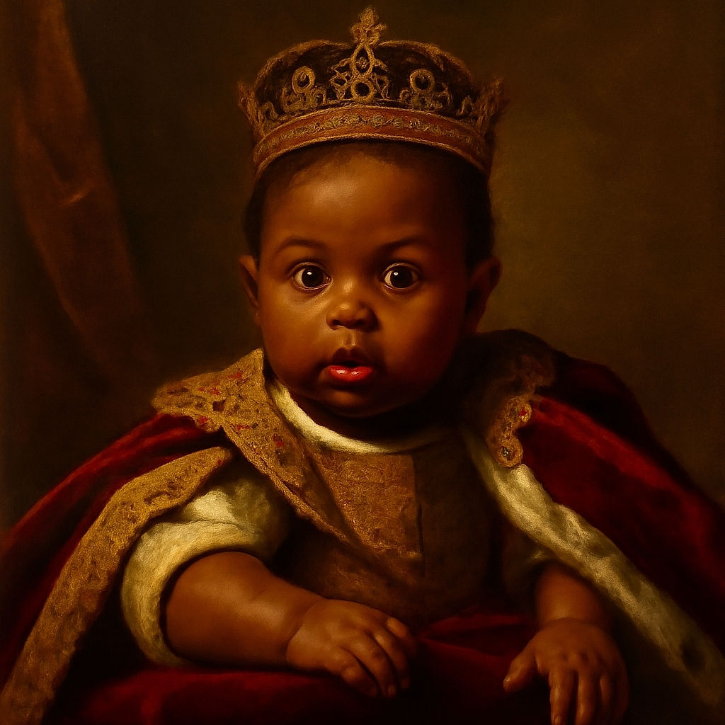 A curious baby with wide eyes and slightly open mouth lies on a patterned pillow on a bed, reaching out with one hand as if exploring the world, with a wooden headboard in the background.