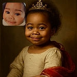 A close-up photo of a smiling baby with big, shiny eyes and curly hair, wrapped in a cozy blanket. The background shows a soft surface with cartoon bear patterns, and there are cute emojis (smiling face with hearts, red heart, and rose) floating above the baby's head.
