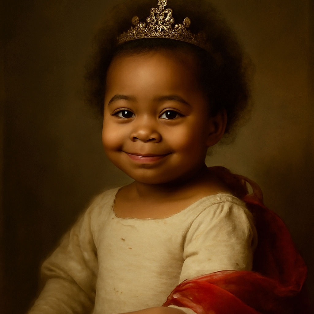 A close-up photo of a smiling baby with big, shiny eyes and curly hair, wrapped in a cozy blanket. The background shows a soft surface with cartoon bear patterns, and there are cute emojis (smiling face with hearts, red heart, and rose) floating above the baby's head.