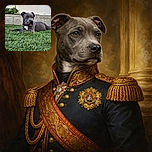 A charming gray puppy lounges on a lush green lawn, gazing thoughtfully to the side with ears perked up. The background features a textured stone wall and some greenery, adding a natural and cozy outdoor vibe to the scene.