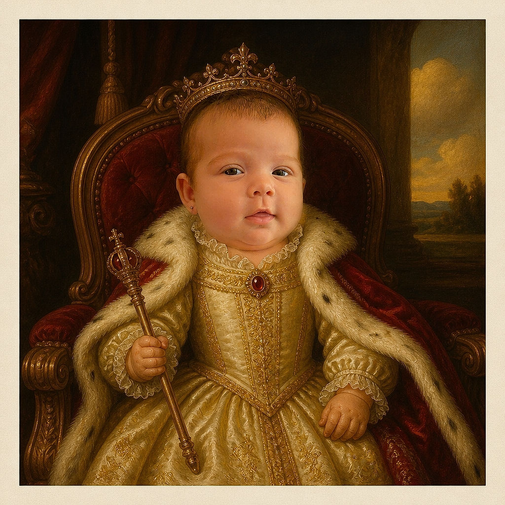 A wide-eyed baby sits proudly in a parent’s lap, looking like a tiny CEO in a floral outfit while the grown-up provides expert armrest and security services. The cozy indoor setting and candid framing give the portrait a warm family-photo feel.