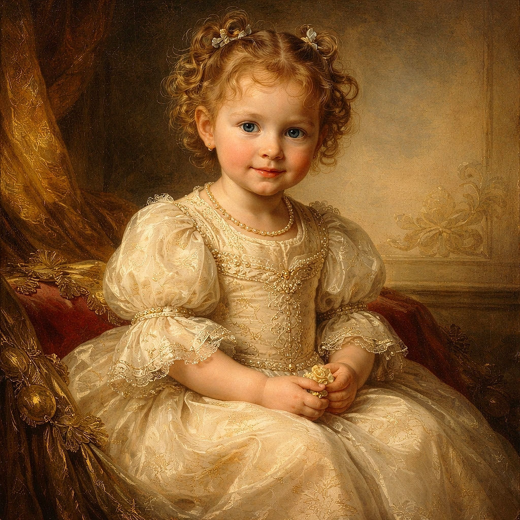 A curly-haired toddler sits cross-legged on the hood of a silver car, deeply focused on a small toy with a red ball. The background shows a sunny day with clear blue skies, some trees, and a brick building. The car hood reflects the child, adding a subtle artistic touch to this everyday moment.