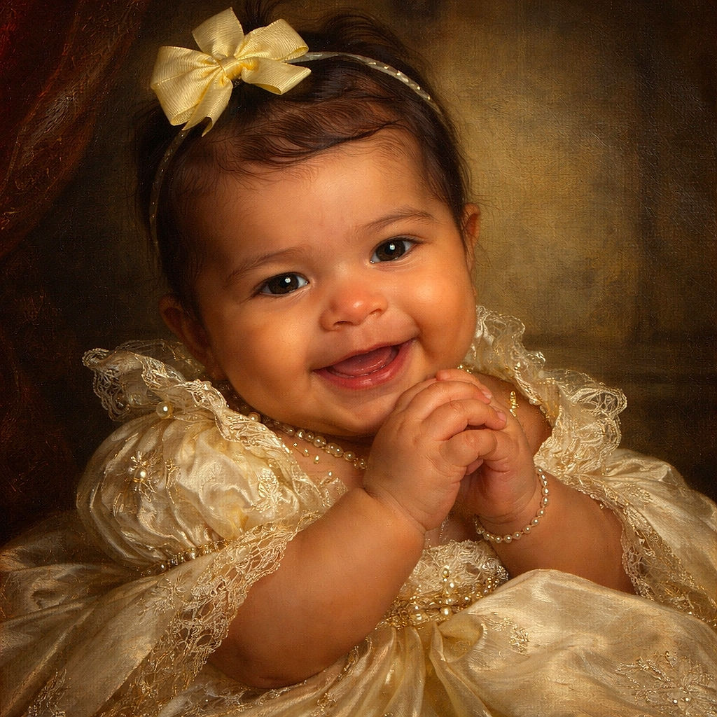 A smiling baby with a cute yellow bow on her head and a matching outfit, sitting comfortably in a car seat, clasping her hands together with a playful expression and bright eyes, wrapped partially in a soft white blanket.