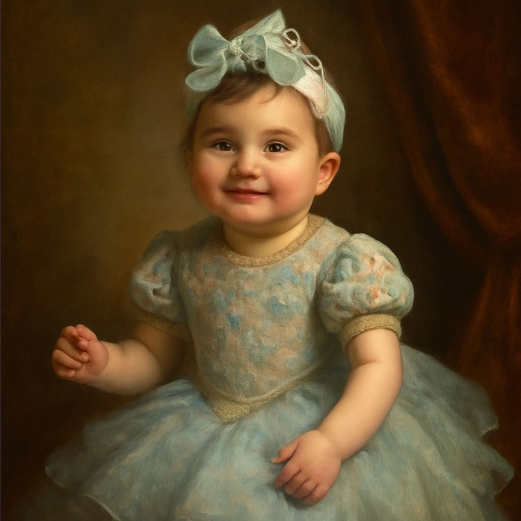 A cheerful baby girl sitting on a wooden floor, wearing a blue floral dress with a matching headband, smiling brightly as if she's just discovered the joy of clapping hands.