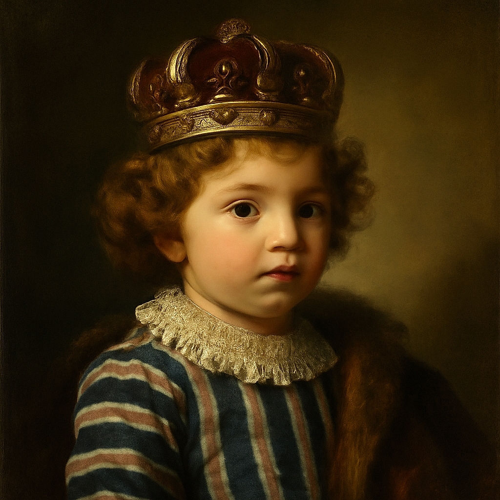 A close-up portrait of a toddler with curly hair and captivating green eyes, illuminated by warm light that highlights the softness of their skin and the thoughtful expression on their face. The child wears a cozy navy and white striped shirt, creating a charming and intimate snapshot.