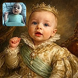 A cute baby with bright blue eyes sits in a striped high chair, wearing a mint-green bib covered in food splatters, looking surprised or curious with a slightly open mouth and messy face after a fun meal.