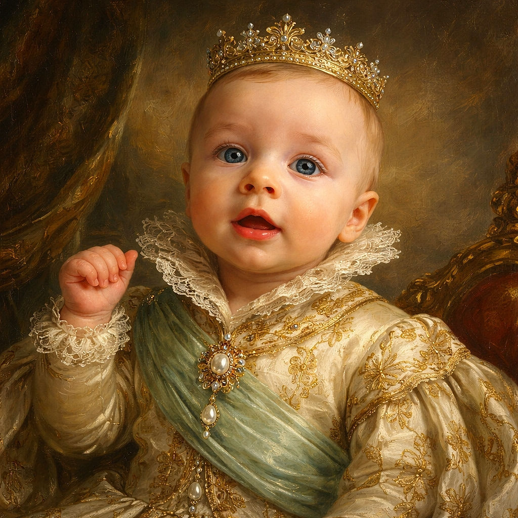 A cute baby with bright blue eyes sits in a striped high chair, wearing a mint-green bib covered in food splatters, looking surprised or curious with a slightly open mouth and messy face after a fun meal.
