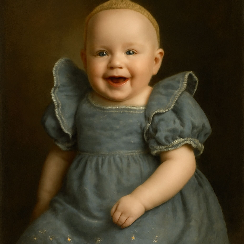A joyful baby wearing a delicate blue dress with embroidered details is lying on a textured gray blanket, smiling widely with bright eyes and a playful tongue out, resting on a pillow with a cute pink skull design.