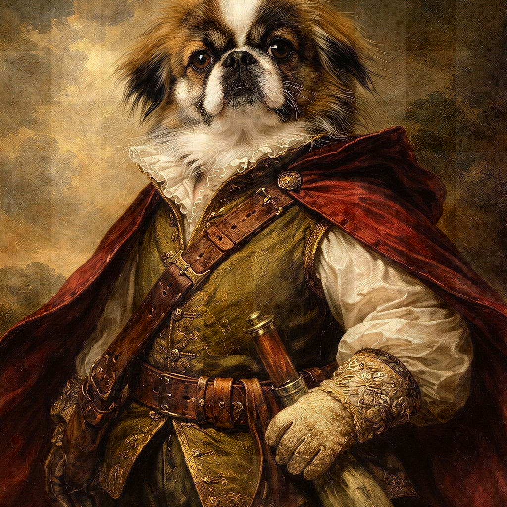 A fluffy dog with a striking white and brown coat is sitting attentively on a patterned carpet, looking straight at the camera with soulful eyes and slightly tousled fur.