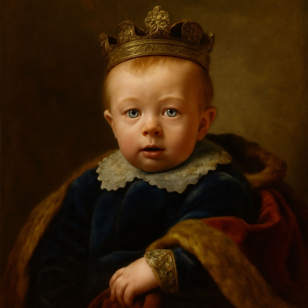 A curious baby lying on a colorful play mat, propped up on a striped pillow with a large yellow plush toy in the foreground, eyes wide open as if discovering the world for the first time.