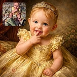 A cute baby sitting on a floral patterned bedspread, wearing a yellow top and a diaper, playfully putting fingers in their mouth with a curious and joyful expression. The cozy setting includes a green-striped blanket and a container of food nearby.