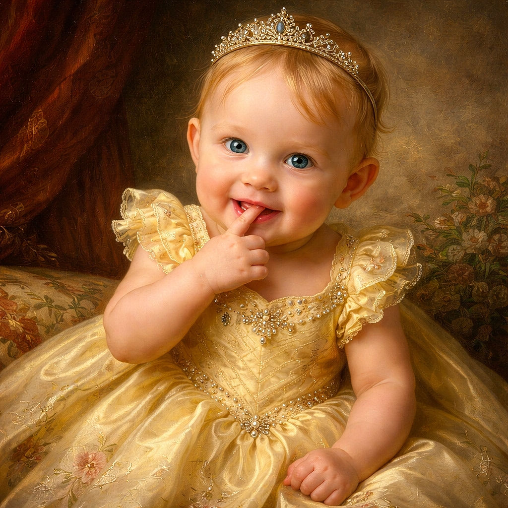 A cute baby sitting on a floral patterned bedspread, wearing a yellow top and a diaper, playfully putting fingers in their mouth with a curious and joyful expression. The cozy setting includes a green-striped blanket and a container of food nearby.