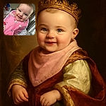 A delightful close-up of a smiling baby wearing a pink bib with cute cartoon prints, eyes sparkling with joy, and a cozy indoor background featuring curtains and a window letting in natural light.