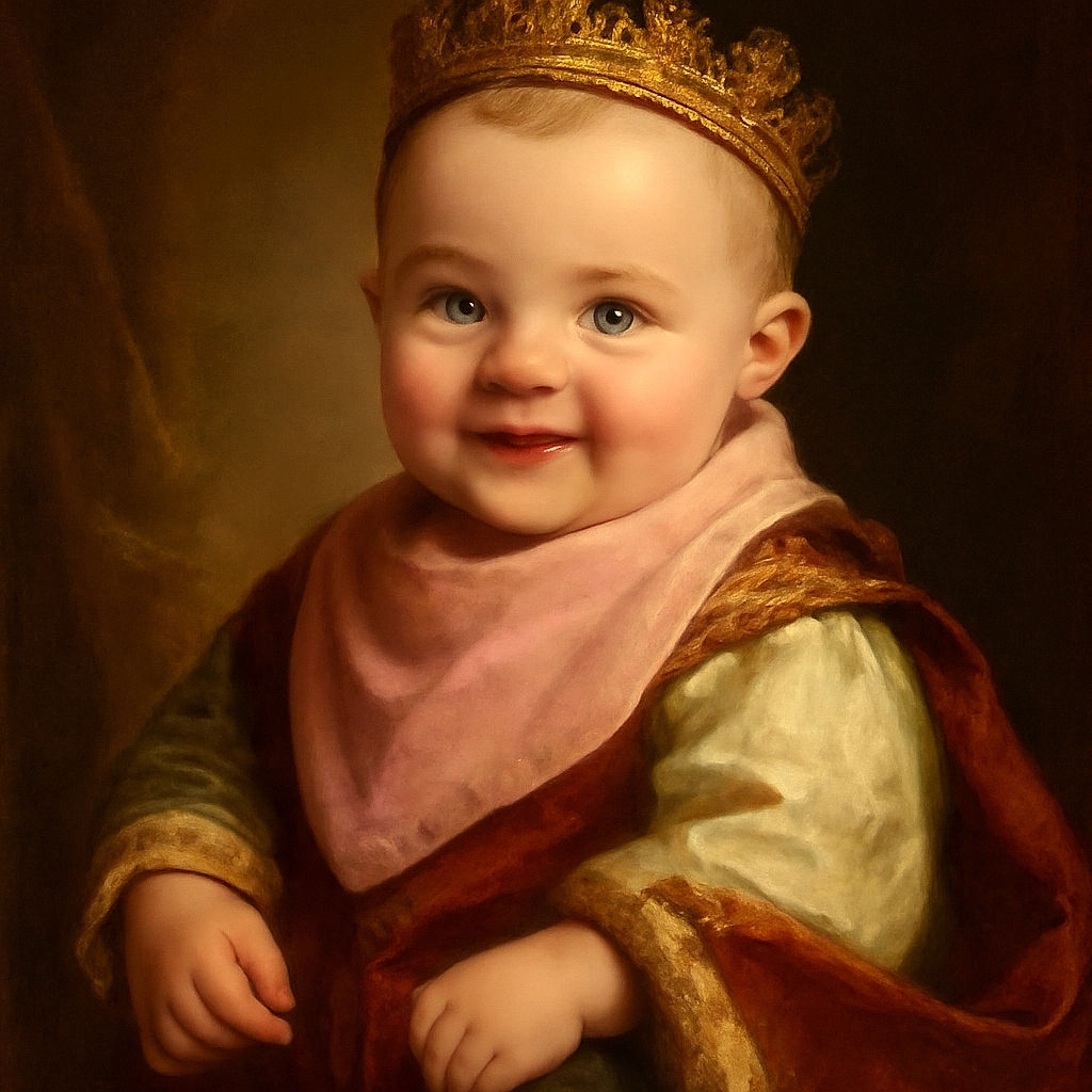 A delightful close-up of a smiling baby wearing a pink bib with cute cartoon prints, eyes sparkling with joy, and a cozy indoor background featuring curtains and a window letting in natural light.