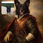 A cheerful black dog with huge perky ears stands on sunlit sand dunes, tongue out and smiling like it owns the beach. A thin leash trails to the side, a crumpled blue plastic bag sits in the foreground, and a green forest ridge provides a calm backdrop — all framed inside a phone screenshot with a website UI and a "Votre avis" button peeking on the right. The pup is clearly ready for adventure (and snacks).