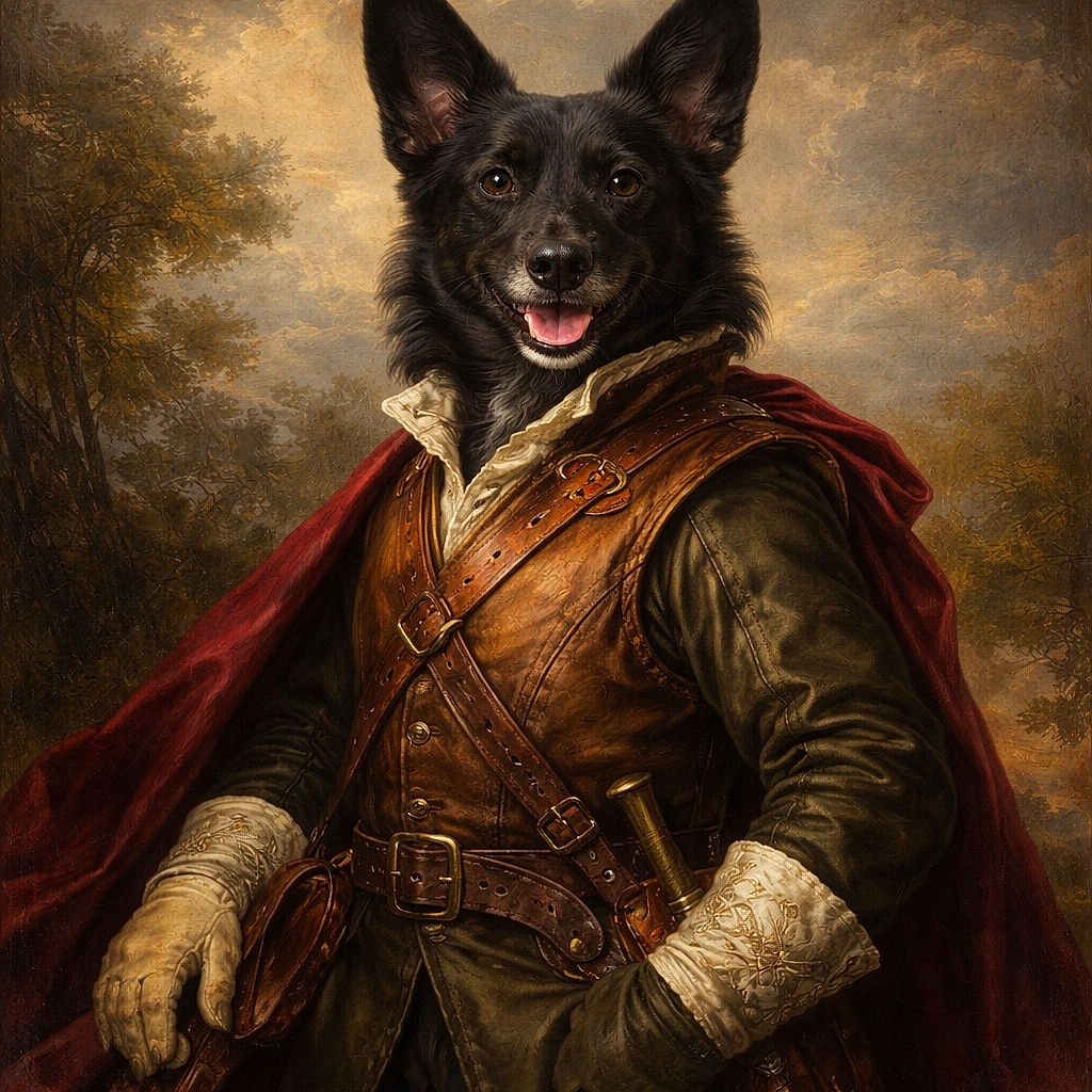 A cheerful black dog with huge perky ears stands on sunlit sand dunes, tongue out and smiling like it owns the beach. A thin leash trails to the side, a crumpled blue plastic bag sits in the foreground, and a green forest ridge provides a calm backdrop — all framed inside a phone screenshot with a website UI and a "Votre avis" button peeking on the right. The pup is clearly ready for adventure (and snacks).