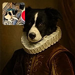 A fluffy black and white puppy is curled up on a checkered mat next to a broom and a striped cloth, looking cozy but a bit curious, surrounded by household items including a red-lidded container and a metal water bowl.