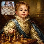 A young child intently studies a chessboard, poised to make a move with a thoughtful expression. The indoor setting features brick walls and colorful background elements, creating a cozy and playful atmosphere.