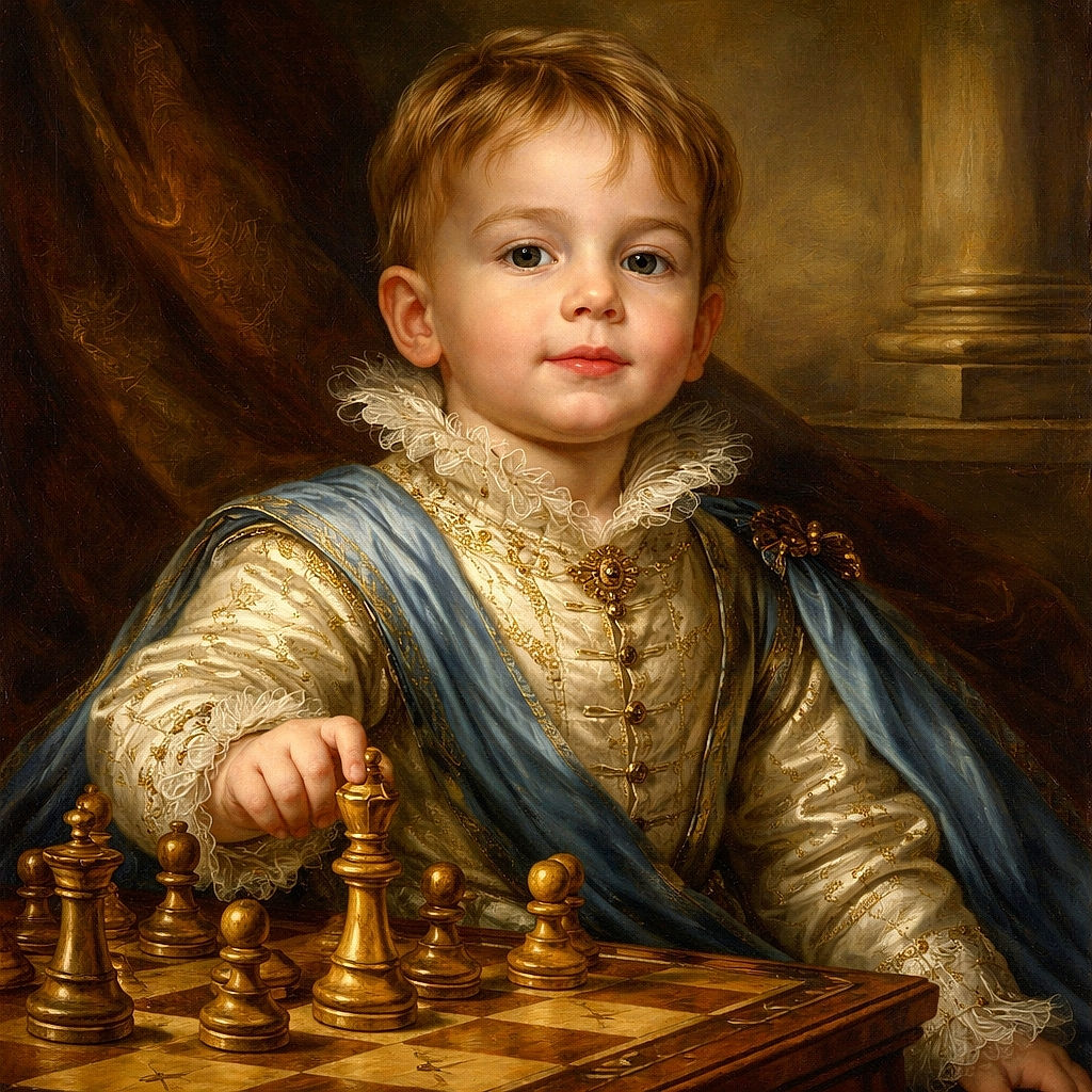 A young child intently studies a chessboard, poised to make a move with a thoughtful expression. The indoor setting features brick walls and colorful background elements, creating a cozy and playful atmosphere.