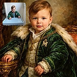 A cute toddler sits patiently in a high chair, wearing a green jacket with a playful patch, looking curiously at the camera with a slight smile, surrounded by a cozy home setting with wooden floors and textured white walls.