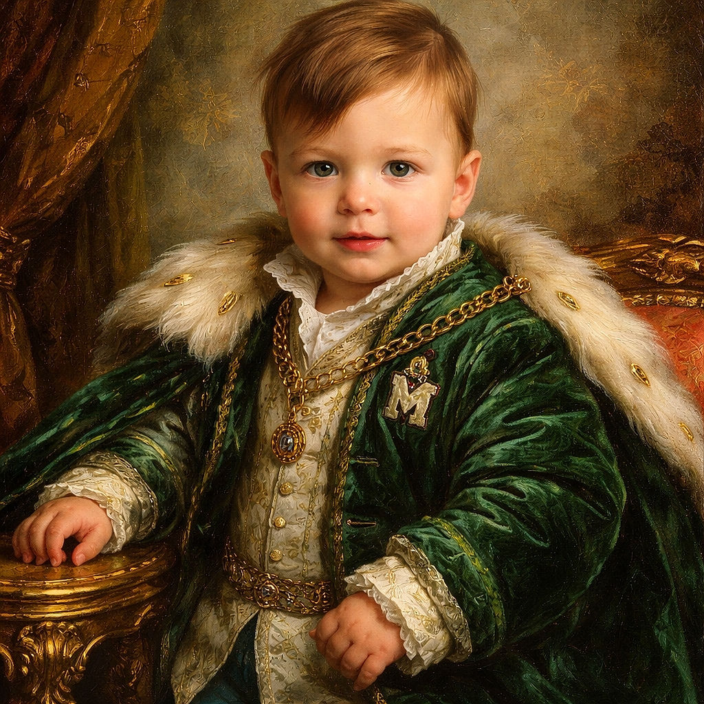 A cute toddler sits patiently in a high chair, wearing a green jacket with a playful patch, looking curiously at the camera with a slight smile, surrounded by a cozy home setting with wooden floors and textured white walls.