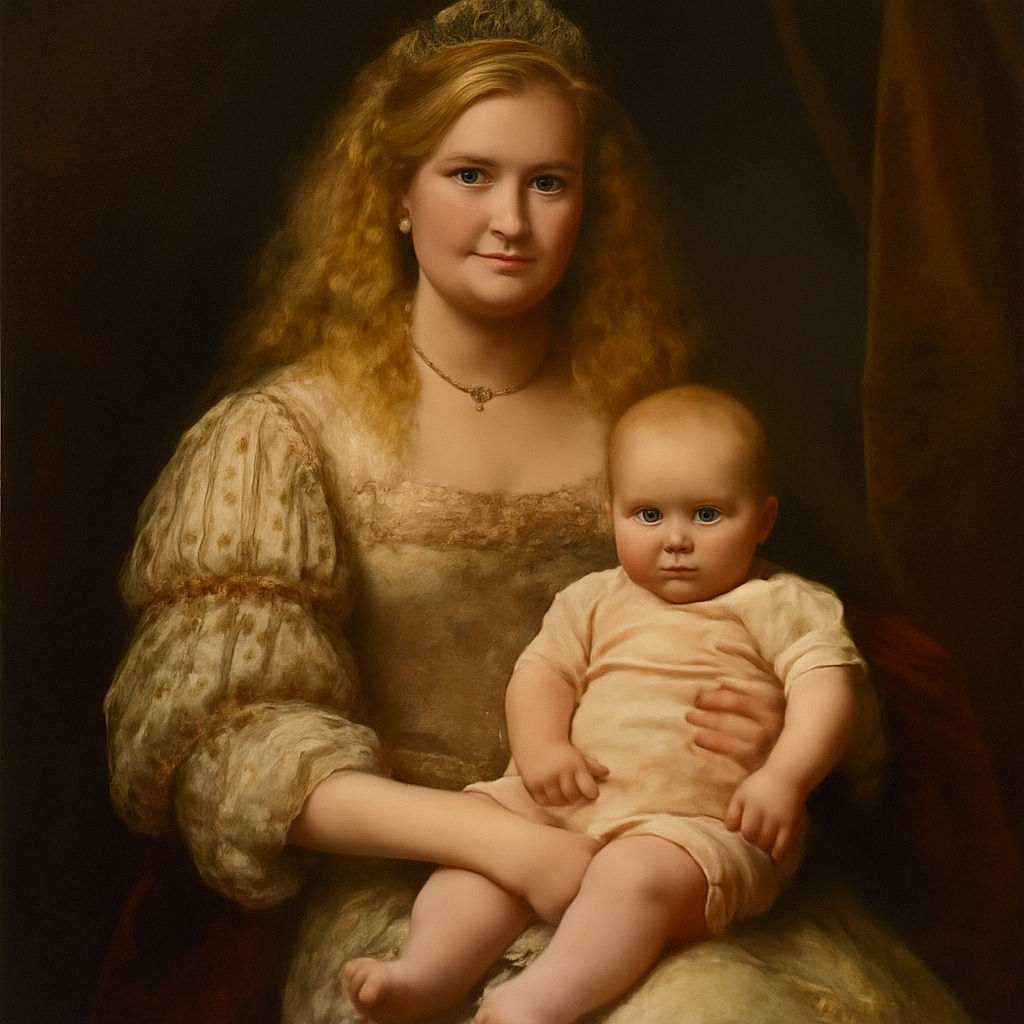 A smiling woman with curly blonde hair is holding a serious-faced baby dressed in pink, standing indoors against a plain beige wall with wooden flooring and a white baseboard.