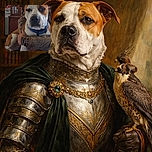 A large dog with a blue collar is being held tightly by someone wearing camouflage clothing, looking straight into the camera with a calm expression. The background shows a wooden cabinet filled with various items, adding a cozy indoor vibe.
