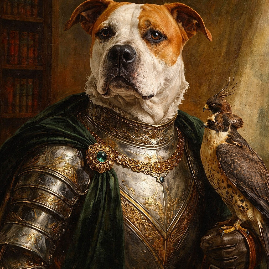 A large dog with a blue collar is being held tightly by someone wearing camouflage clothing, looking straight into the camera with a calm expression. The background shows a wooden cabinet filled with various items, adding a cozy indoor vibe.