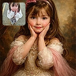 A wide-eyed little girl with a big pink bow on her head and fluffy white coat looks up with a surprised and adorable expression, her hands framing her cheeks as if caught mid-gasp while standing on a cracked concrete sidewalk.