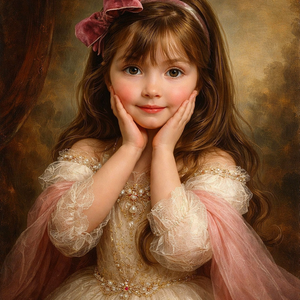 A wide-eyed little girl with a big pink bow on her head and fluffy white coat looks up with a surprised and adorable expression, her hands framing her cheeks as if caught mid-gasp while standing on a cracked concrete sidewalk.