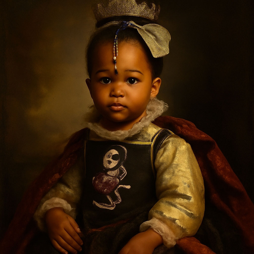 A cute toddler wearing a big white bow and a black leather dress with a Minnie Mouse print claps her hands with a focused expression, standing indoors with warm ambient lighting and a softly blurred background.