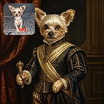 A tiny, wide-eared pup stands proudly on a blanket with one paw guarding a bright red bone toy, looking like the serious security officer of the bedroom.