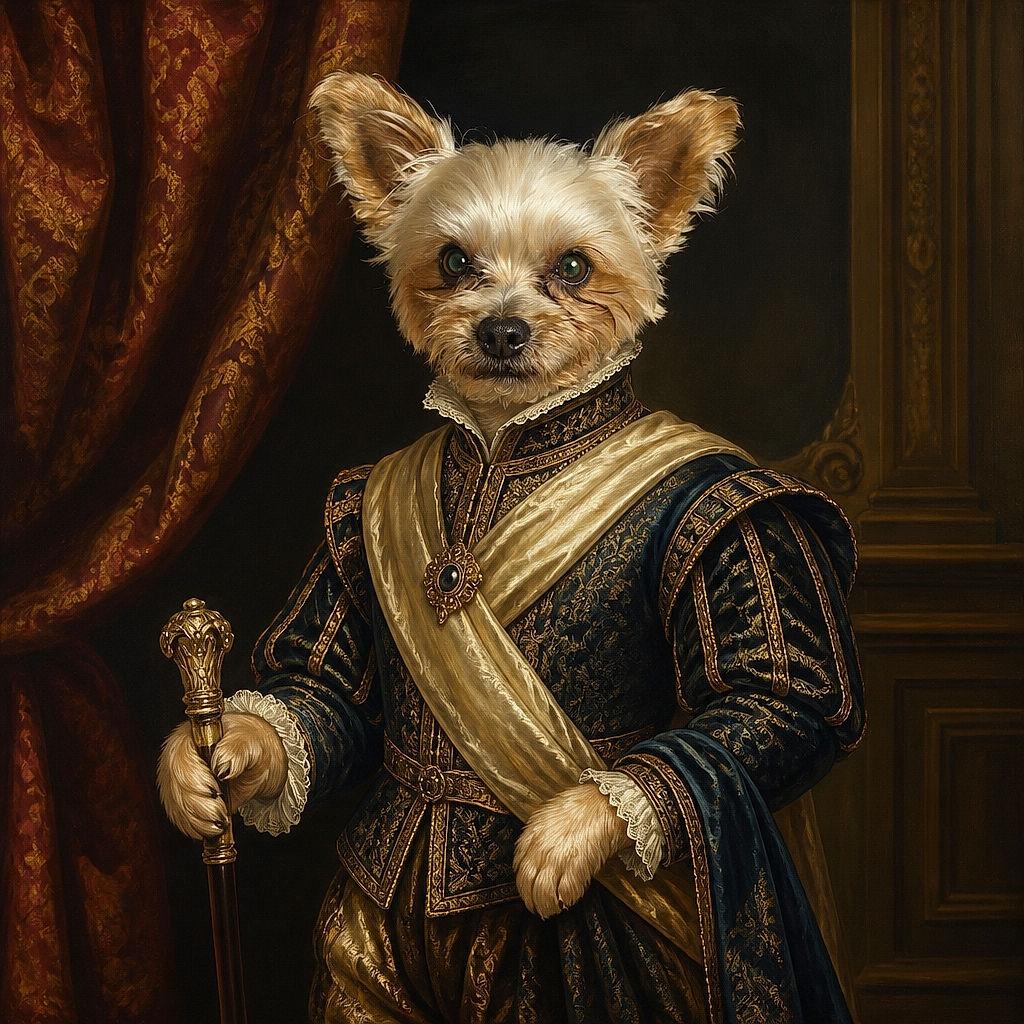 A tiny, wide-eared pup stands proudly on a blanket with one paw guarding a bright red bone toy, looking like the serious security officer of the bedroom.