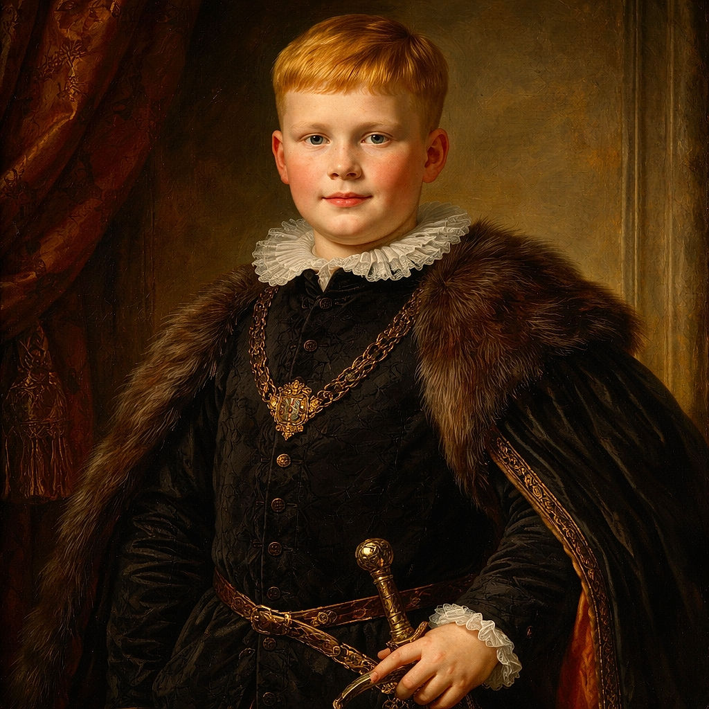 A confident young boy stands in an autumn park like a tiny, hands-in-pockets superhero — golden leaves framing him, shallow depth-of-field turning the background into a warm watercolor while he gives a calm, slightly amused look to the camera.