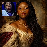 A close-up selfie of a young person with glistening skin, puckering lips as if blowing a kiss, against a deep blue background. They wear a white shirt and have long braided hair, with one hand resting on their head, creating a casual and intimate vibe.