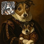 A heartwarming photo of a larger dog cuddling a tiny puppy on a cozy leopard-print blanket, both looking curiously at the camera with soulful eyes, wrapped in a warm embrace that screams pure puppy love.