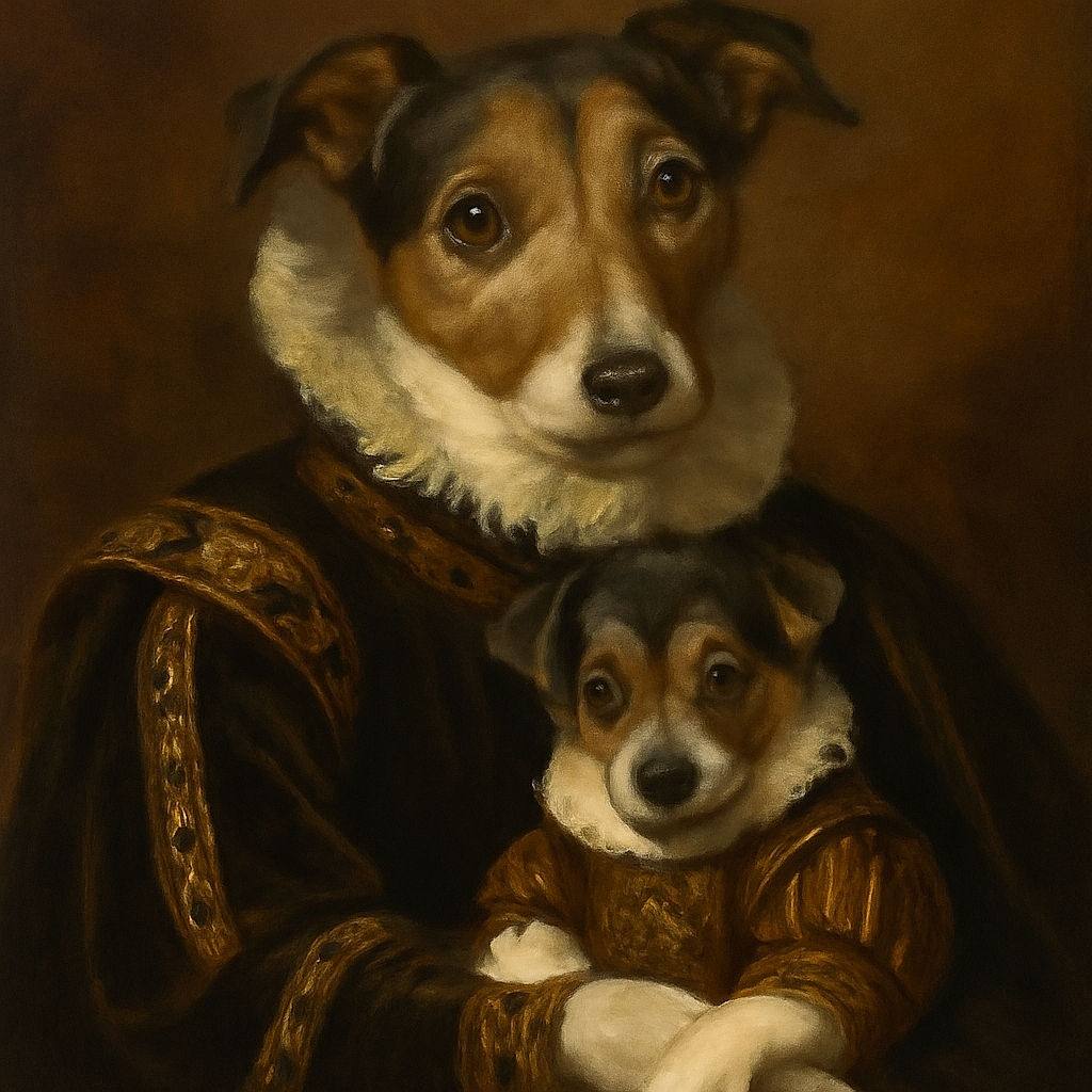 A heartwarming photo of a larger dog cuddling a tiny puppy on a cozy leopard-print blanket, both looking curiously at the camera with soulful eyes, wrapped in a warm embrace that screams pure puppy love.