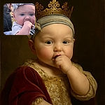 A close-up of an adorable baby with bright blue eyes and a grey headband featuring a bow, sucking on their hand with a curious expression. The background is softly blurred, showing indistinct figures and outdoor greenery, making the baby the clear star of the shot.